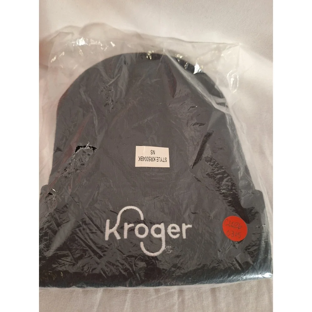 Kroger Black Cuffed Beanie Knit Hat White Embroidered Logo KR5004BK New NS